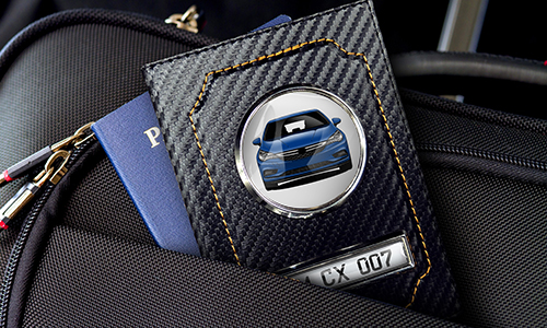 Car documents holder black with blue car and the passport