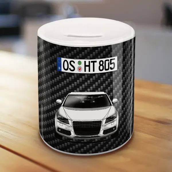 Männer Geschenk 2024 Geschenk Vater Carbon-Spardose + Dein Auto XL mit deinem Automodell und Kennzeichen! Spardose Autospardose Sparen für das Auto