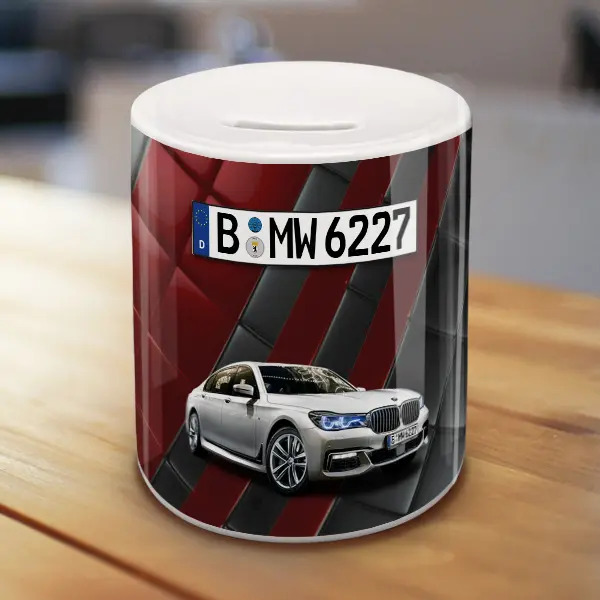 Vatertag Geschenk Vater Auto Spardose Rot-Schwarze Kacheln-XL mit deinem Automodell und Kennzeichen! Spardose Autospardose Sparen für das Auto -