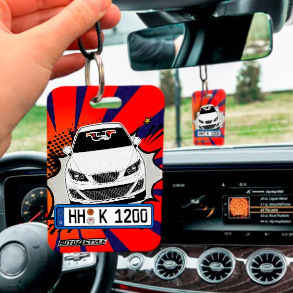 Autospiegelanhänger Druck Rechteeck Leder Comic-2 mit deinem Automodell und Kennzeichen! Rückspiegel Anhänger Personalisiert Autospiegel Deko