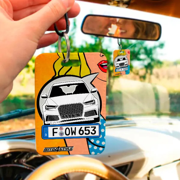 Autospiegelanhänger Druck Rechteeck Leder Comic-7 mit deinem Automodell und Kennzeichen! Rückspiegel Anhänger Personalisiert Autospiegel Deko