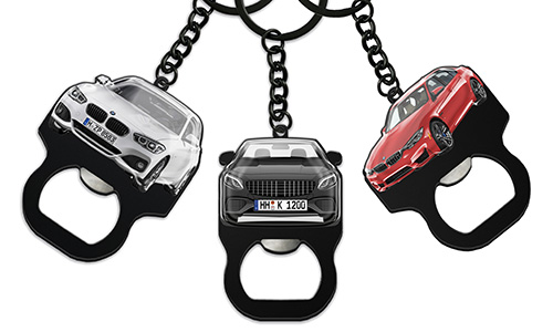 Bottle opener keychain with car