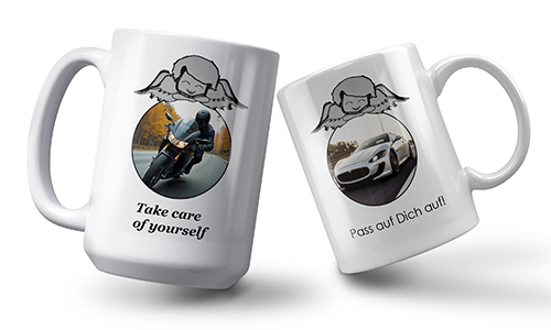 Two white mugs with angel graphics, each showing a photo (motorbike, car) and safety text: “Take care of yourself.”