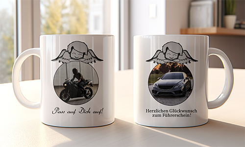 Two white mugs with angel graphics and vehicle (motorbike, car), featuring German safety and congratulatory messages