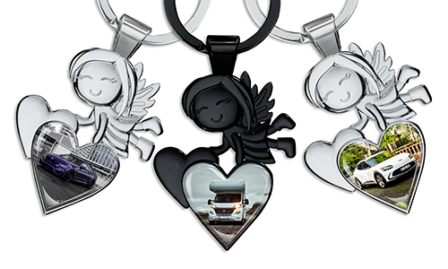 Guardian angel keychain with car photo in a heart