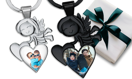 Guardian angel keychain with photo of brother in a heart