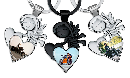 Guardian angel keychain with motorcycle photo in a heart