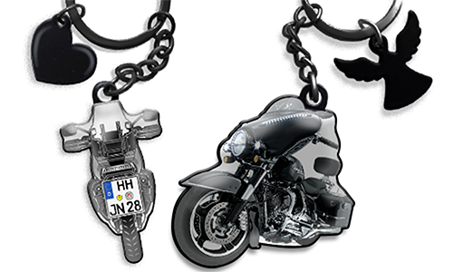 Motorcycle keychains featuring front and rear views of a touring bike with added charm accessories