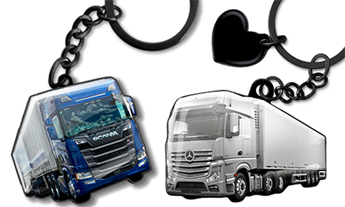 Truck-shaped keychains featuring a blue Scania and a silver Mercedes truck