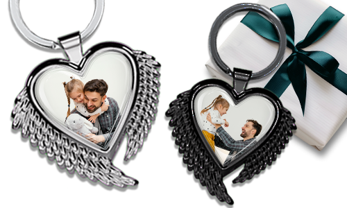 Heart-shaped keychain with wings and a photo of your dad