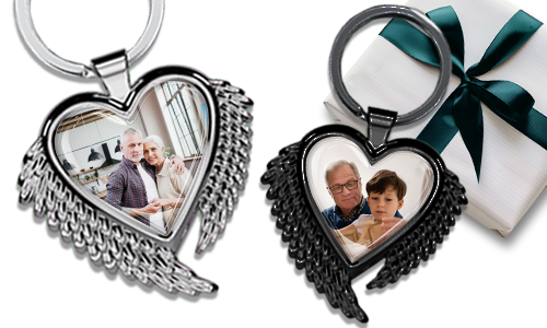 Heart-shaped keychain with wings and a photo of your grandpa