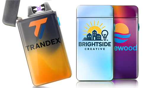 Trois briquets plasma : TRANDEX avec arc et logo T, BRIGHTSIDE CREATIVE avec soleil et ampoule, ewood avec vagues
