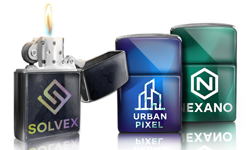 Trois briquets : SOLVEX avec flamme et motif hexagonal, URBAN PIXEL avec ville en skyline, NEXANO avec logo hexagonal vert
