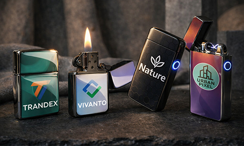 Cinq briquets sur surface sombre : TRANDEX, VIVANTO avec flamme, Nature avec feuille, URBAN PIXEL, briquet électrique avec anneau bleu