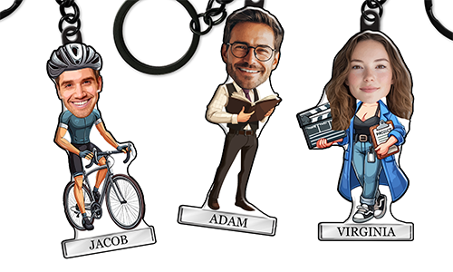 Portachiavi personalizzato in stile fumetto con nome e motivo hobby o professione