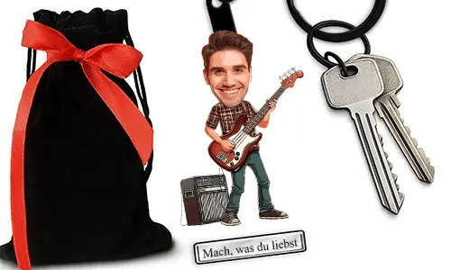 Personalized Comic-Style Keychain With Name And Electric Bass Design