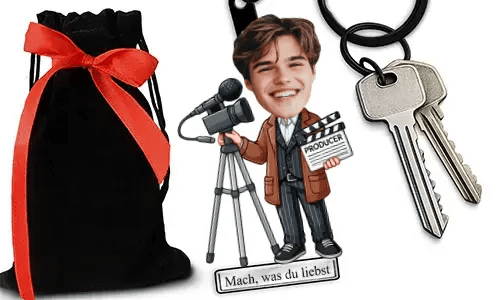 Personalized Comic-Style Keychain With Name And Producer Design