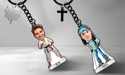 Portachiavi personalizzato in stile fumetto con nome e hobby sportivo