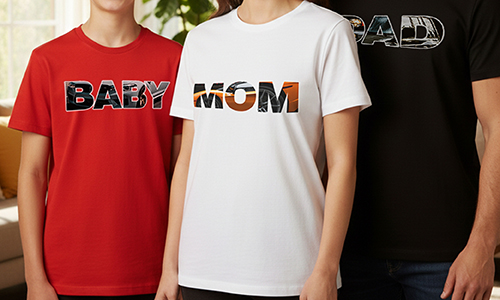Drie mensen in thematische T-shirts: BABY in rood, MOEDER in wit, VADER in zwart, gedurfde patroonletters