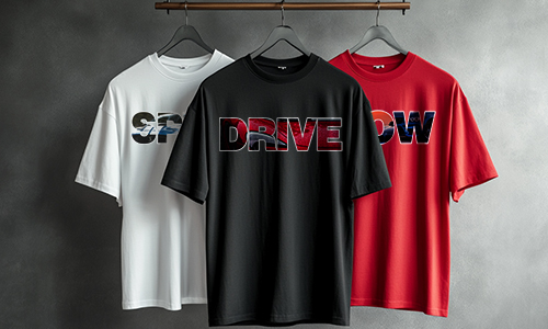 Drie T-shirts op rek: wit SPEED, zwart DRIVE, rood FLOW, gedurfde abstracte tekstontwerpen op grijze achtergrond
