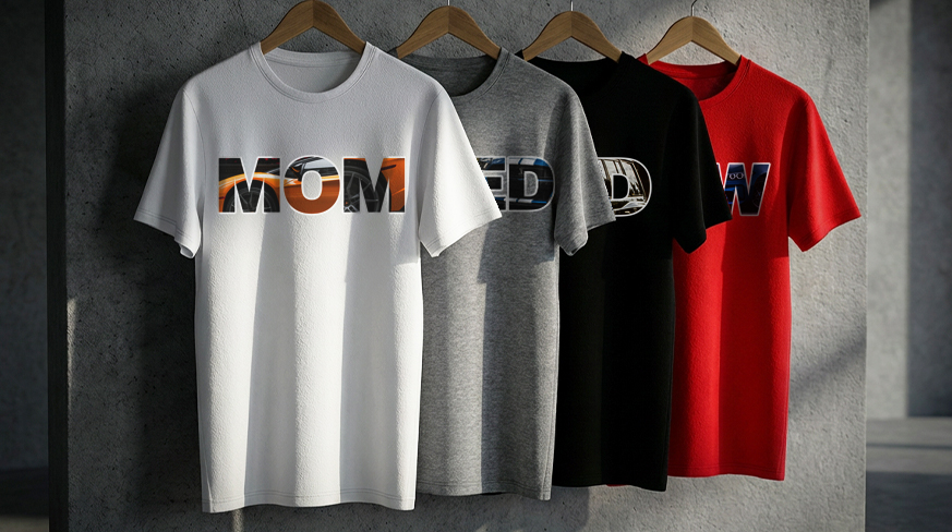 Vier T-shirts aan hangers: MOEDER in wit, ROOD in grijs, VADER in zwart, WOW in rood, gedurfde grafische tekstontwerpen