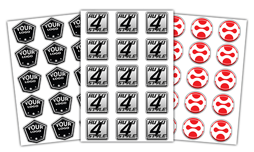 Tre fogli di adesivi personalizzati con branding – design a pentagono, quadrato e cerchio per logo aziendali con adesivi con logo.