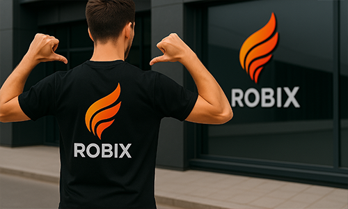 Person pointing at personalized black t-shirt with “ROBIX” flame logo matching branding on building window in background.