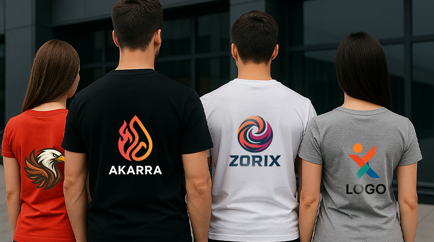Four people wearing personalized t-shirts with distinct logos and brand names — outdoor setting near glass building.