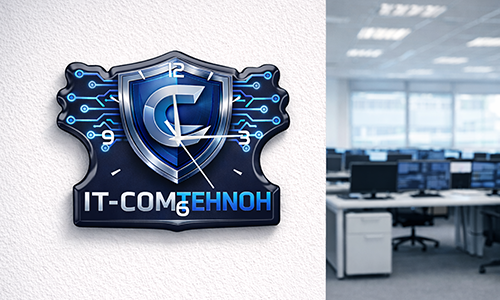 Horloge murale de bureau avec logo de l’écusson IT-COMTEHNOH et design de circuit, stations de travail technologiques visibles en arrière-plan