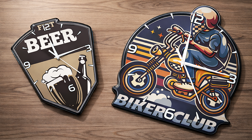 Deux horloges murales décoratives : gauche à thème bière avec texte BEER et mug, droite à thème moto avec design BIKER6CLUB